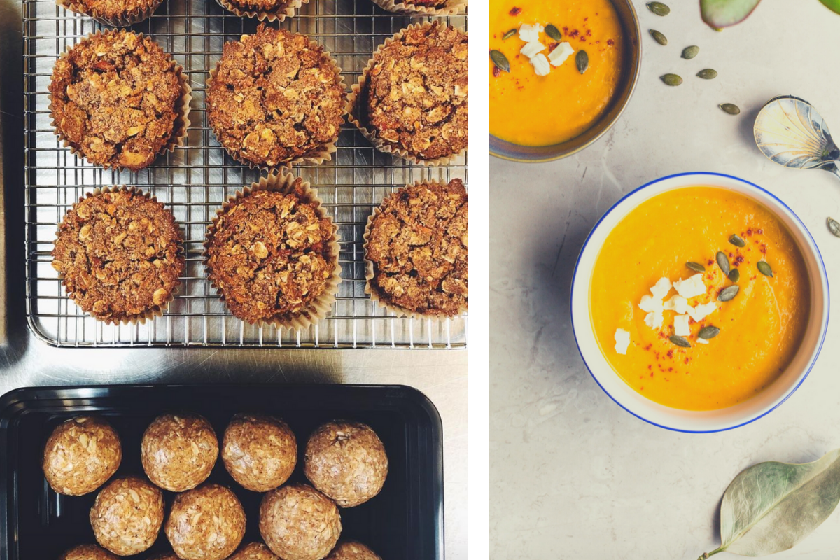 Wildflower Kitchen muffins, energy balls, and orange-colored soup
